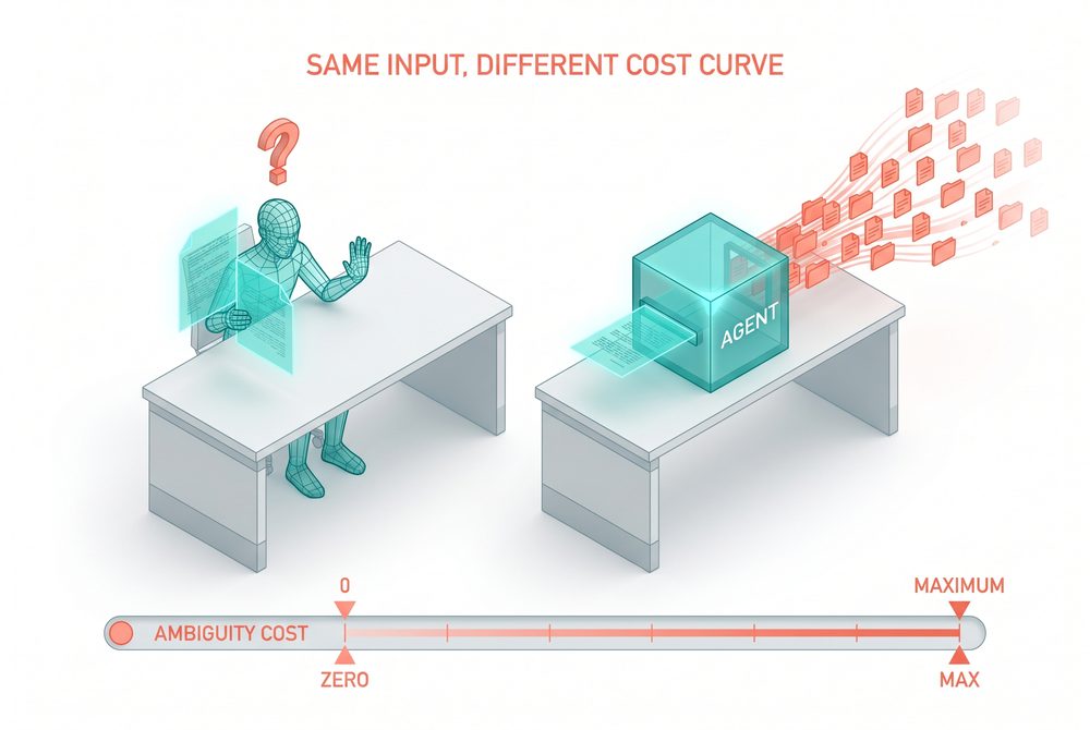 Two parallel desks. Human reading a doc pauses with question mark. Agent processes identical doc and outputs high-speed file stream. Scale bar below shows ambiguity cost from zero on the human side to max on the agent side.
