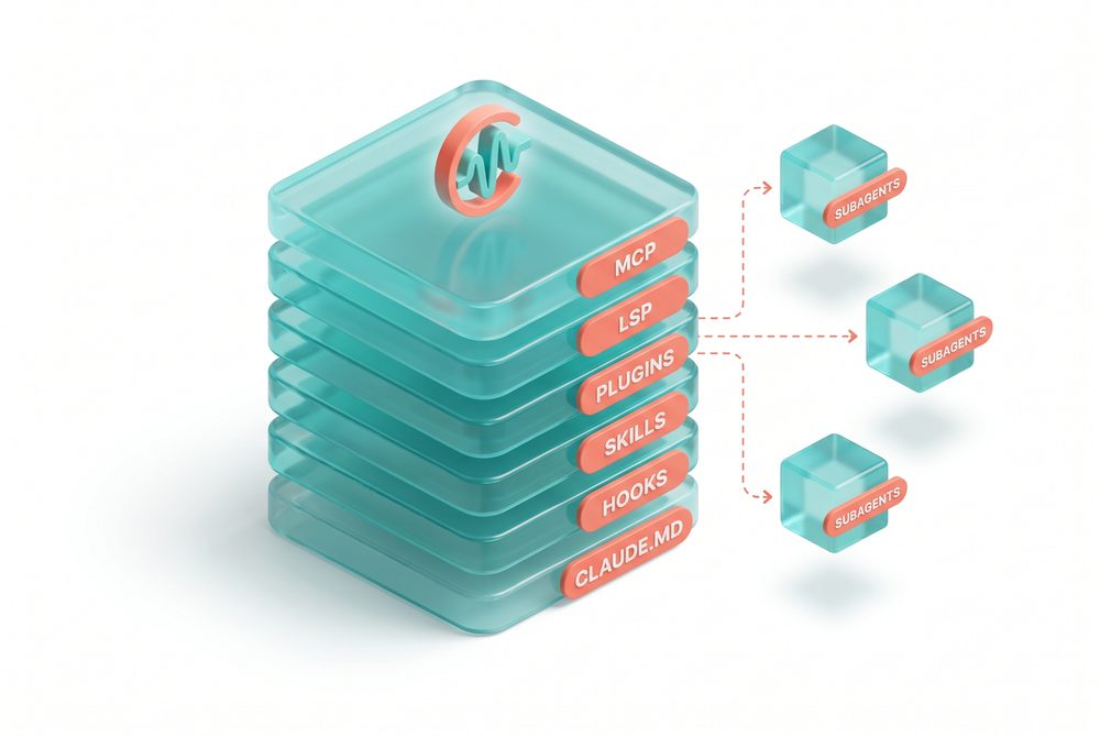 A single Claude logomark sits on top of a stack of six translucent teal plates labeled CLAUDE.md, hooks, skills, plugins, LSP, and MCP. Three smaller floating Claude logomarks labeled subagents hover beside the stack.
