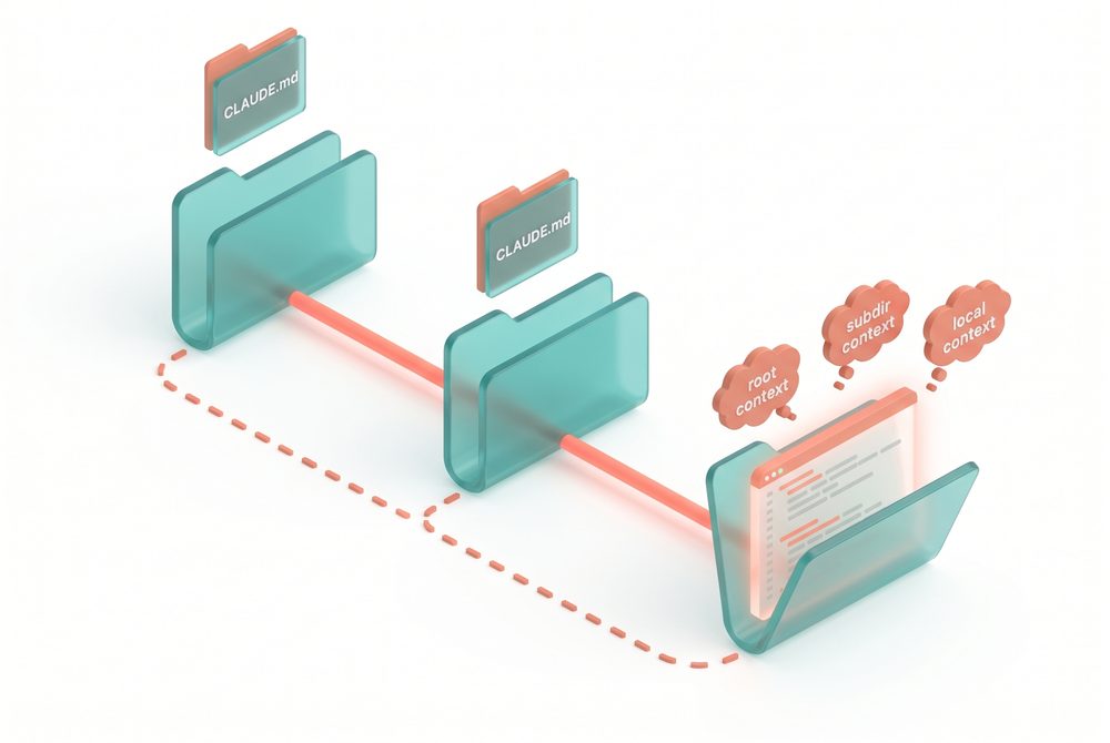 Hierarchical folder tree with CLAUDE.md cards floating above each folder, a coral path showing how Claude loads context as it walks down the tree