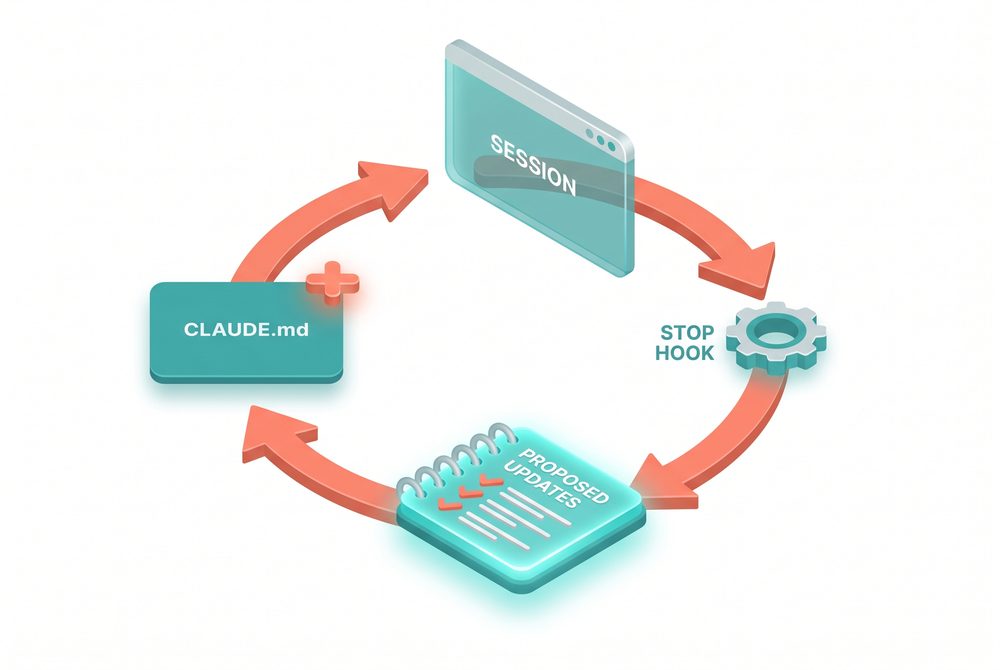 Circular feedback loop: session window flows into stop hook gear, into a notepad of proposed updates, then loops back to update the CLAUDE.md card