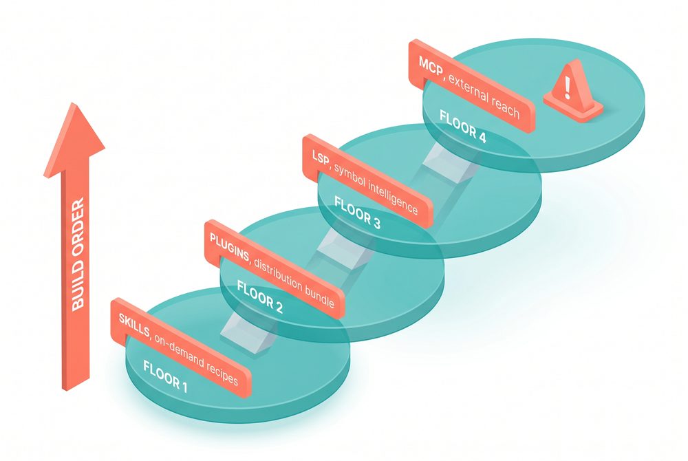 Four labeled platforms at ascending floor heights showing Skills, Plugins, LSP, and MCP with a vertical arrow labeled build order pointing up