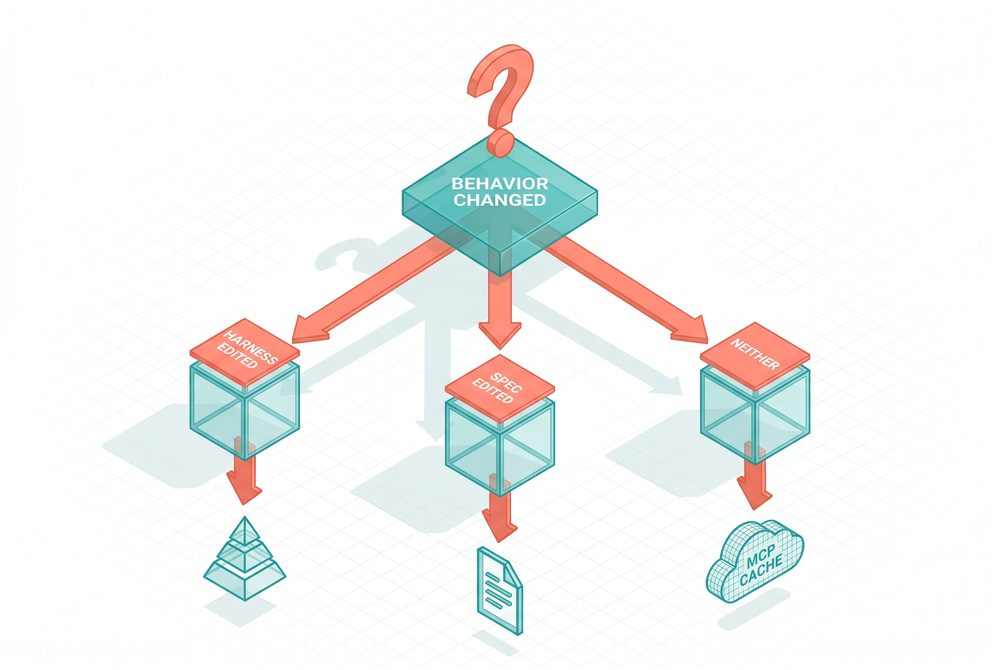 A diamond-shaped diagnostic tree starting from behavior changed, branching to harness edited, spec edited, or neither, each leading to a different small icon