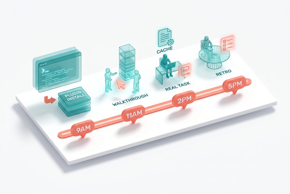 A horizontal timeline 9am to 5pm with four scenes: plugin install at a terminal, walkthrough with two figures at a tower, real task at a desk with a PR icon, retro at a round table